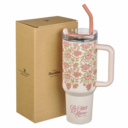 Be Still and Know Pink Spring Floral 40 Oz Tumbler with Reusable Straw