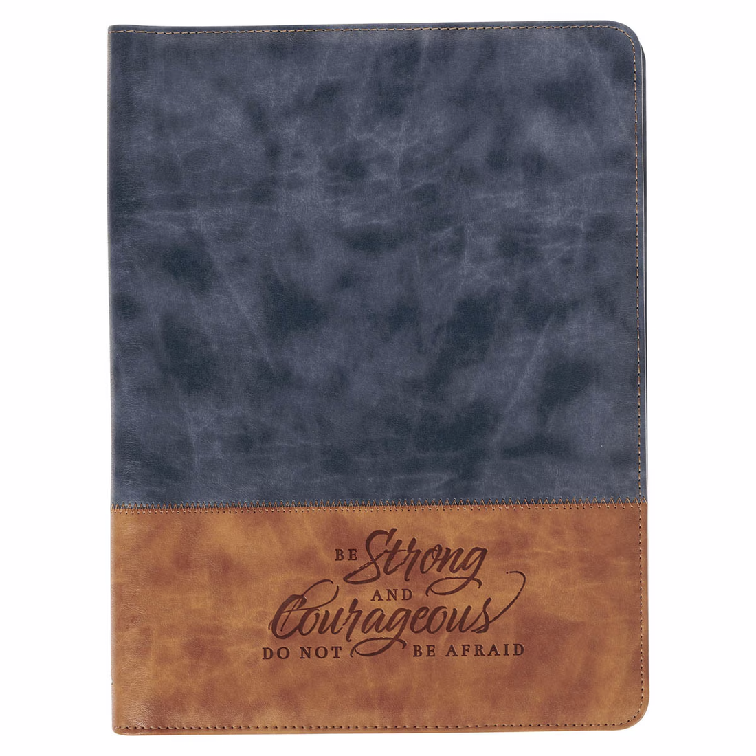 Strong and Courageous Butterscotch and Navy Faux Leather Padfolio - Joshua 1:9