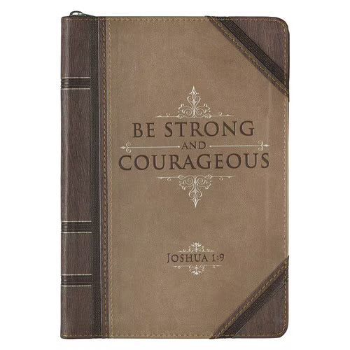 Strong and Courageous Walnut-Brown and Tan Faux Leather Journal with Zipper Closure