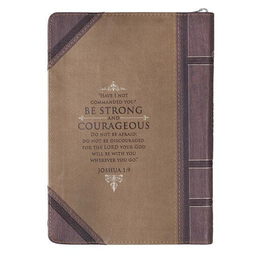 Strong and Courageous Walnut-Brown and Tan Faux Leather Journal with Zipper Closure