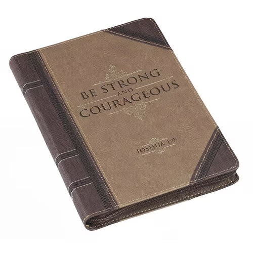 Strong and Courageous Walnut-Brown and Tan Faux Leather Journal with Zipper Closure