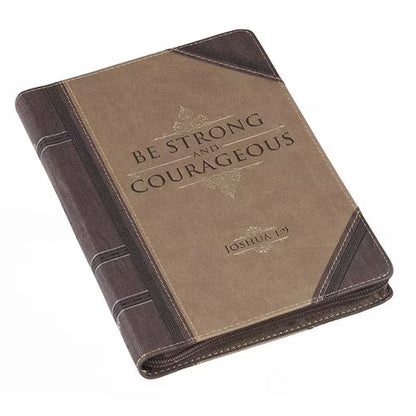 Strong and Courageous Walnut-Brown and Tan Faux Leather Journal with Zipper Closure