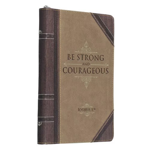 Strong and Courageous Walnut-Brown and Tan Faux Leather Journal with Zipper Closure