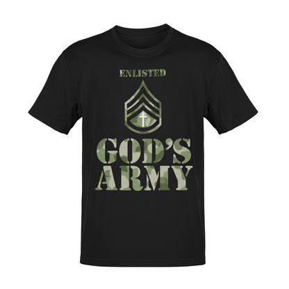 A camouflage-style black print T-shirt featuring the powerful design of God&