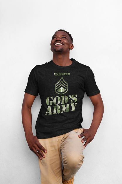 A camouflage-style black print T-shirt featuring the powerful design of God&