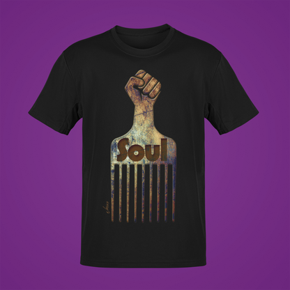 Retro Soul Afro Pick T-Shirt – A 100% cotton tee featuring a distinctive strong fist graphic handle, combining retro vibes with modern style for a powerful and empowering fashion statement