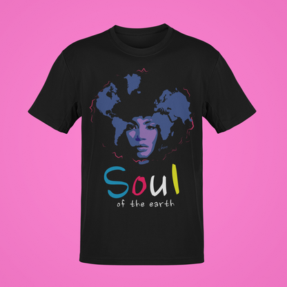  &quot;Soul of The Earth&quot; T-shirt design: A vibrant and intricate Afrocentric woman-style print adorning a 100% cotton T-shirt. The design features a beautiful portrayal of an African woman with intricate patterns and symbols, celebrating cultural heritage and embracing the soulful connection to the Earth.&quot;