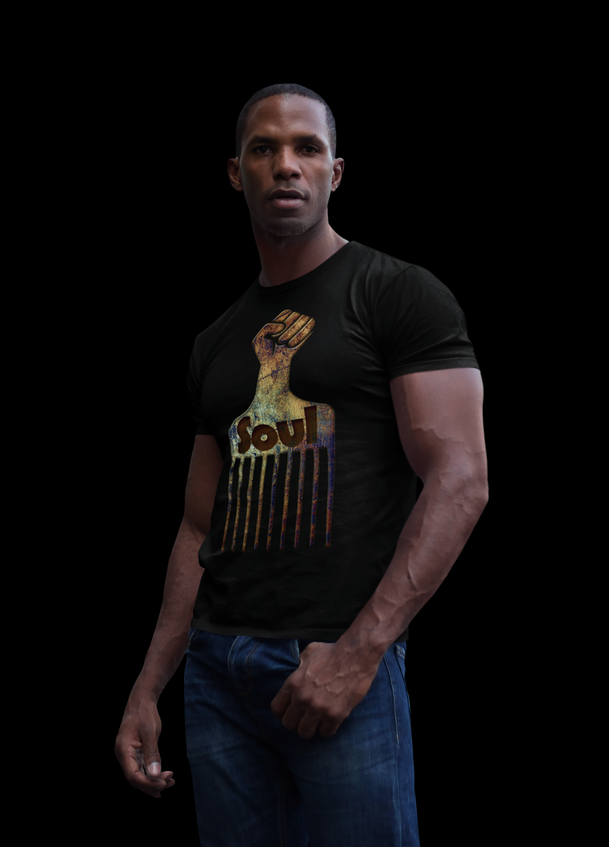 Retro Soul Afro Pick T-Shirt – A 100% cotton tee featuring a distinctive strong fist graphic handle, combining retro vibes with modern style for a powerful and empowering fashion statement