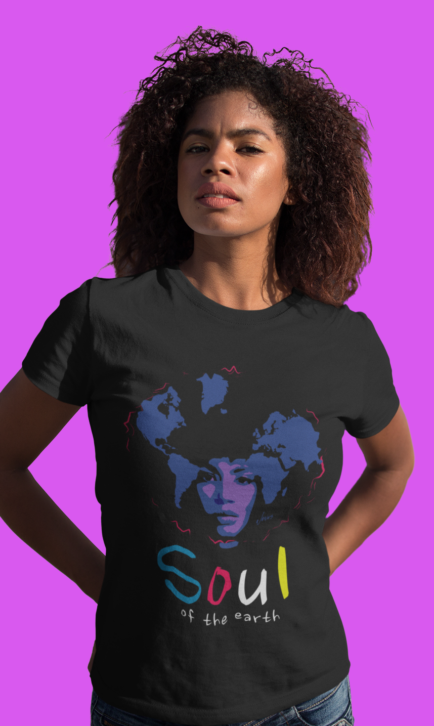  &quot;Soul of The Earth&quot; T-shirt design: A vibrant and intricate Afrocentric woman-style print adorning a 100% cotton T-shirt. The design features a beautiful portrayal of an African woman with intricate patterns and symbols, celebrating cultural heritage and embracing the soulful connection to the Earth.&quot;